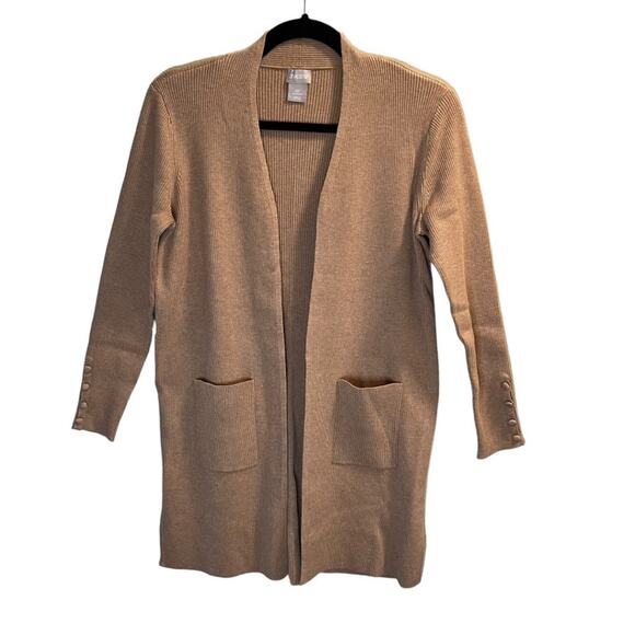 Chico's Petite Ribbed Front Pocket Long Cardigan Sweater Tan Khaki Size 0P Cozy - Picture 14 of 15